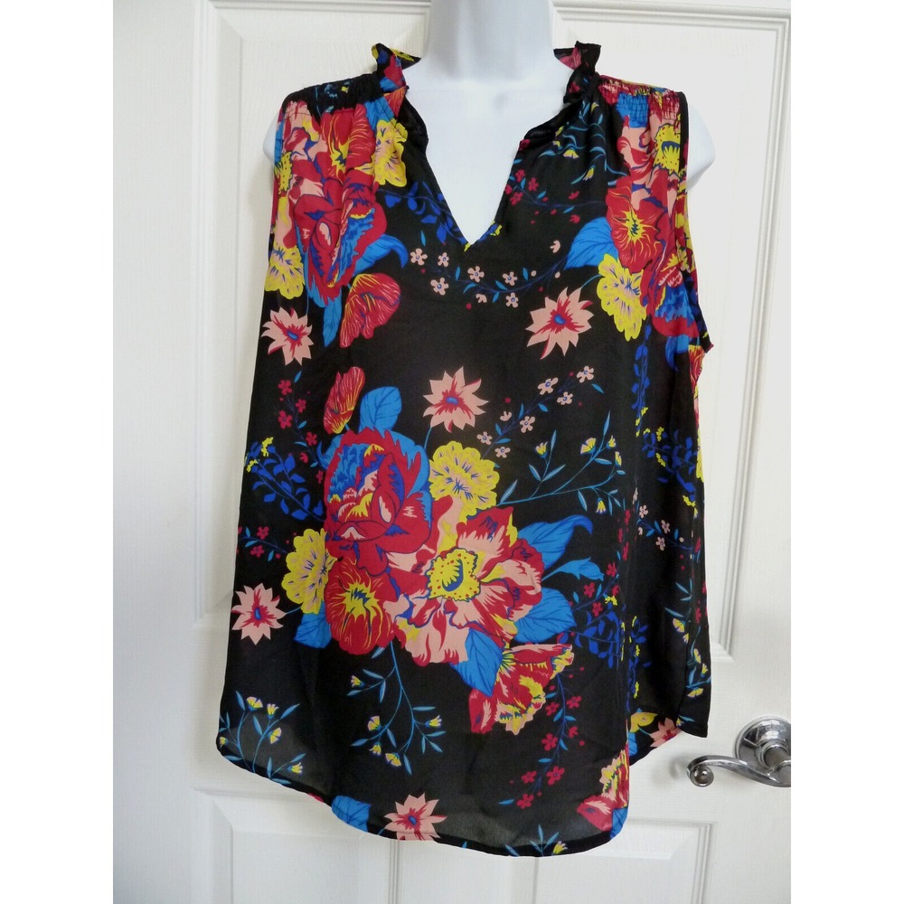 Violet & Claire Womens Large Sleeveless Smocked Ruffle Neck Floral Blouse Black